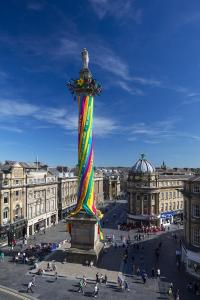 Grey's Monument, Newcastle, covered in large ribbons as the Worker's Maypole as part of Get North 2018